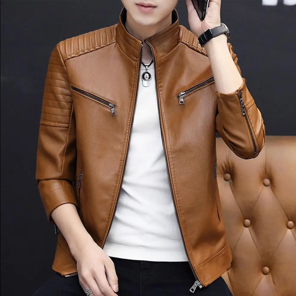 

Solid Color Jacket Vintage Biker Coat for Men Durable Warm Jacket for Outdoor Daily Wear Soft Texture Jacket