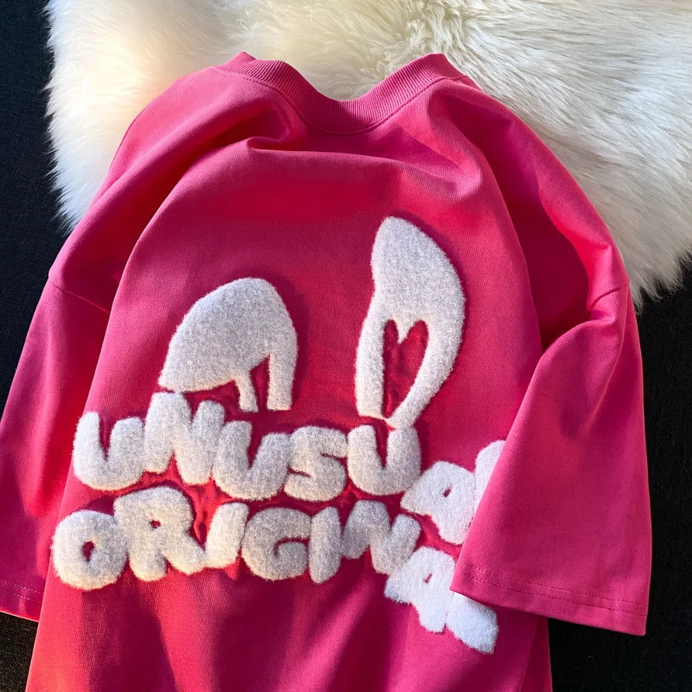 

Женская хлопковая футболка с коротким рукавом, свободная футболка из 100% хлопка с надписью кролика, в корейском и японском стиле, лето 2023