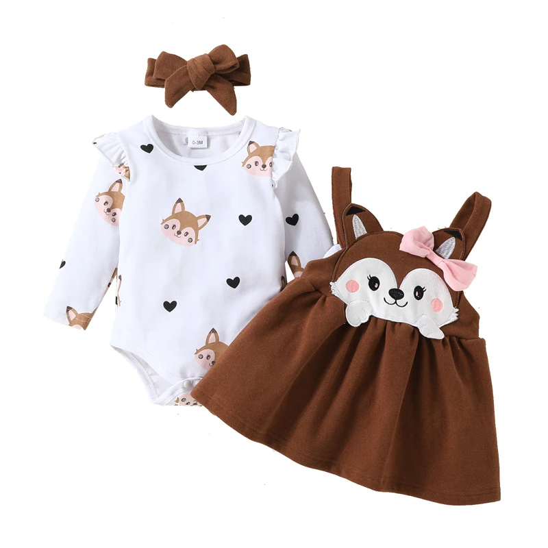 3-18 Months Infants Baby Girl Clothing Set Long Sleeve Cartoon Fox Print Onesie Bow Dress Suit