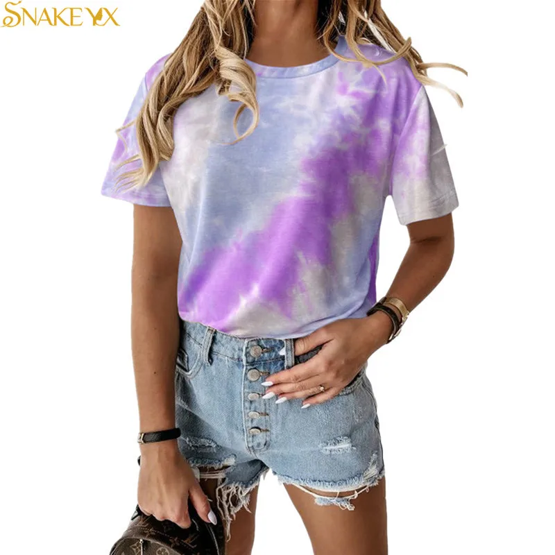 

SNAKE YX 2022 Summer New Women's Loose Round Neck Short-sleeved Printed Tie-dye T-shirt Women