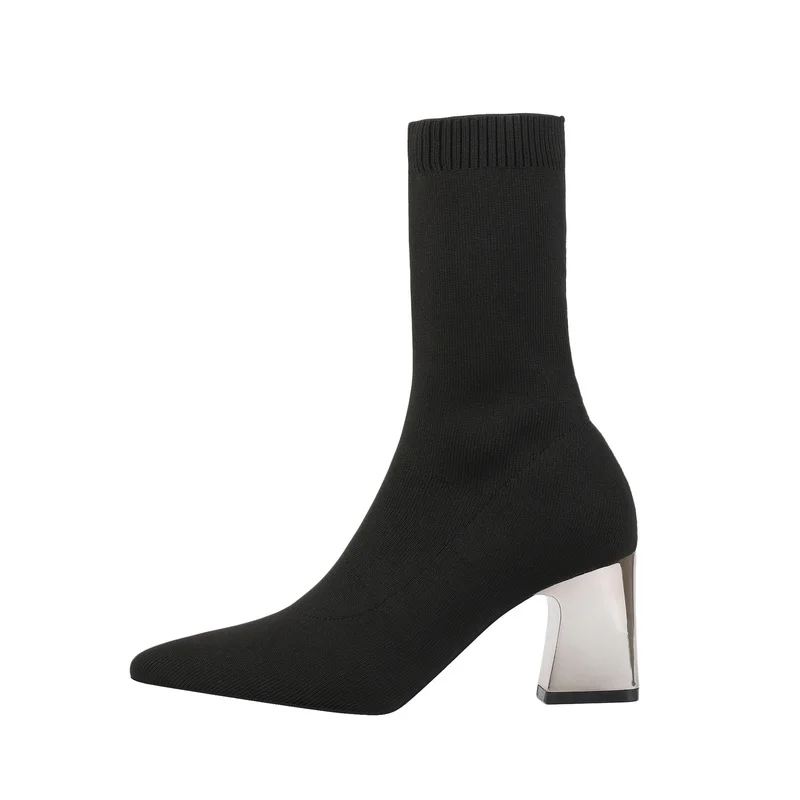 2022 Women Stretch Knitted Sock Boots fashion sexy High Heels black Ankle Boots Stripper Low Block Heel Lady Winter Chunky Shoes