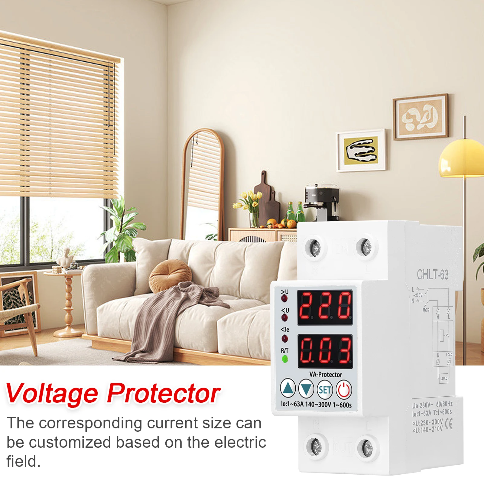 

Dual Display Adjustable Over Voltage Current and Under Voltage Protective Device Protector Relay 63A Home Voltage Protector