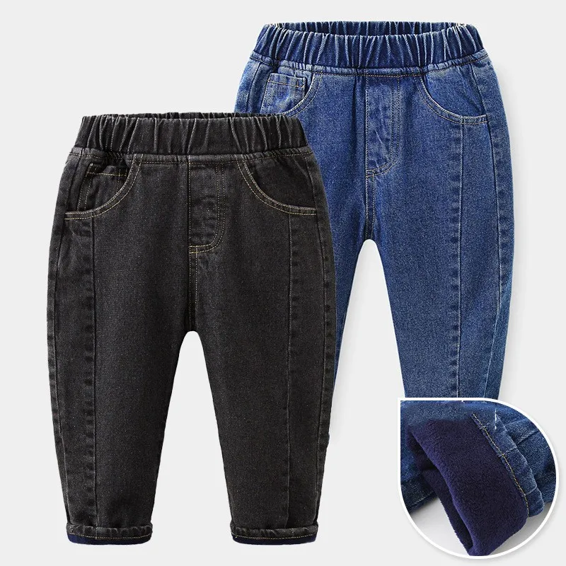 

Jeans Boys Winter New Solid Velvet Warm Children Clothes Elastic Waist Blue And Black Pockets Outwear Trousers For