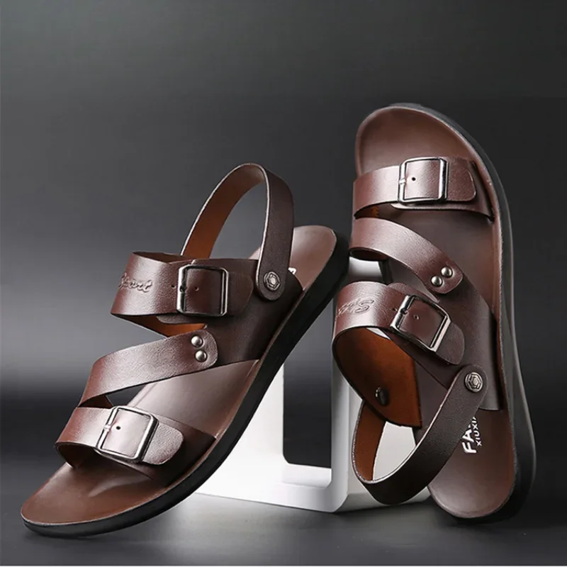 Мужские сандалии ручной работы натуральная кожа плоская подошва летние шлепанцы