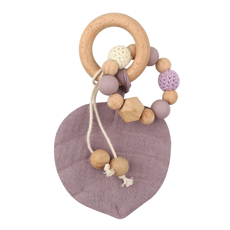 

Baby Wooden Teether Ring with Leaves Absorbent Cloth Towel Rattle Bead Molar Toy