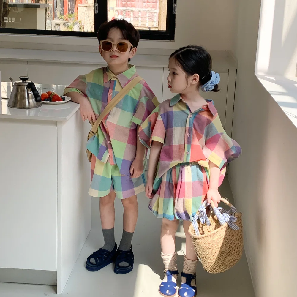 

2023 Summer Plaid Cotton T-Shirts Pants Two-Piece Set for Boys Girls Korean Kids Clothes Toddler Outfit Sets