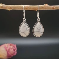 fashion waterdrop cut white stone hook dangle earrings vintage boho metal carved pattern drop earrings