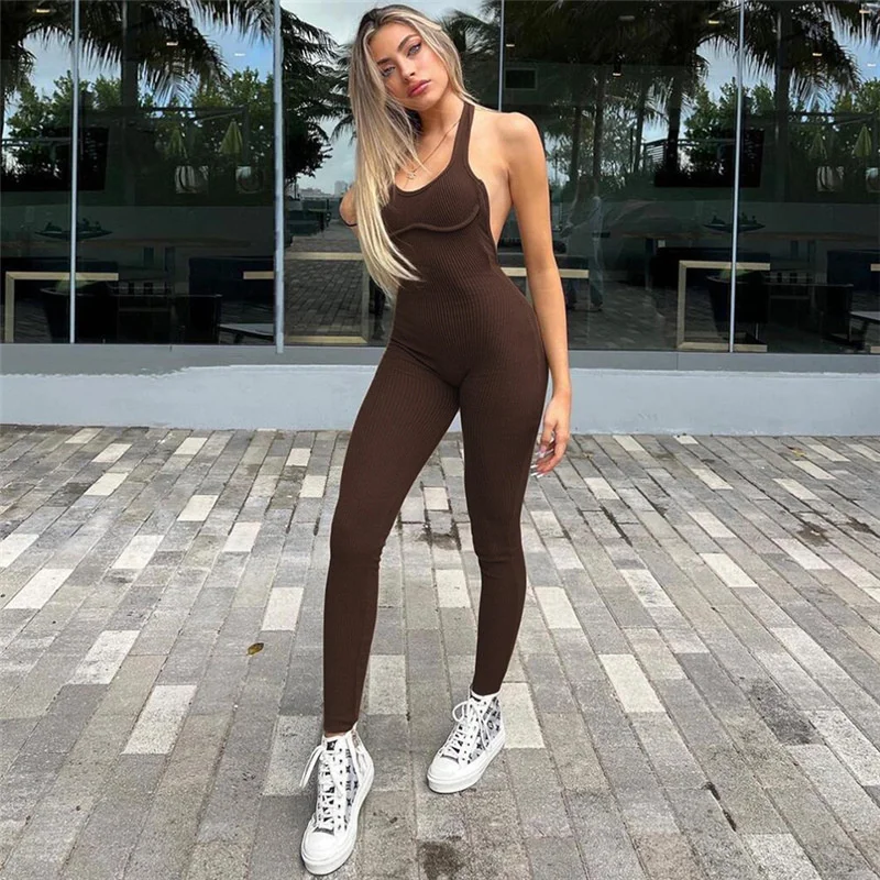 

WJFZQM Sexy Solid Sleeveless Backless Body-Shaping One Piece Streetwear Female Overall Halter Ribbed Knitted Jumpsuits Women