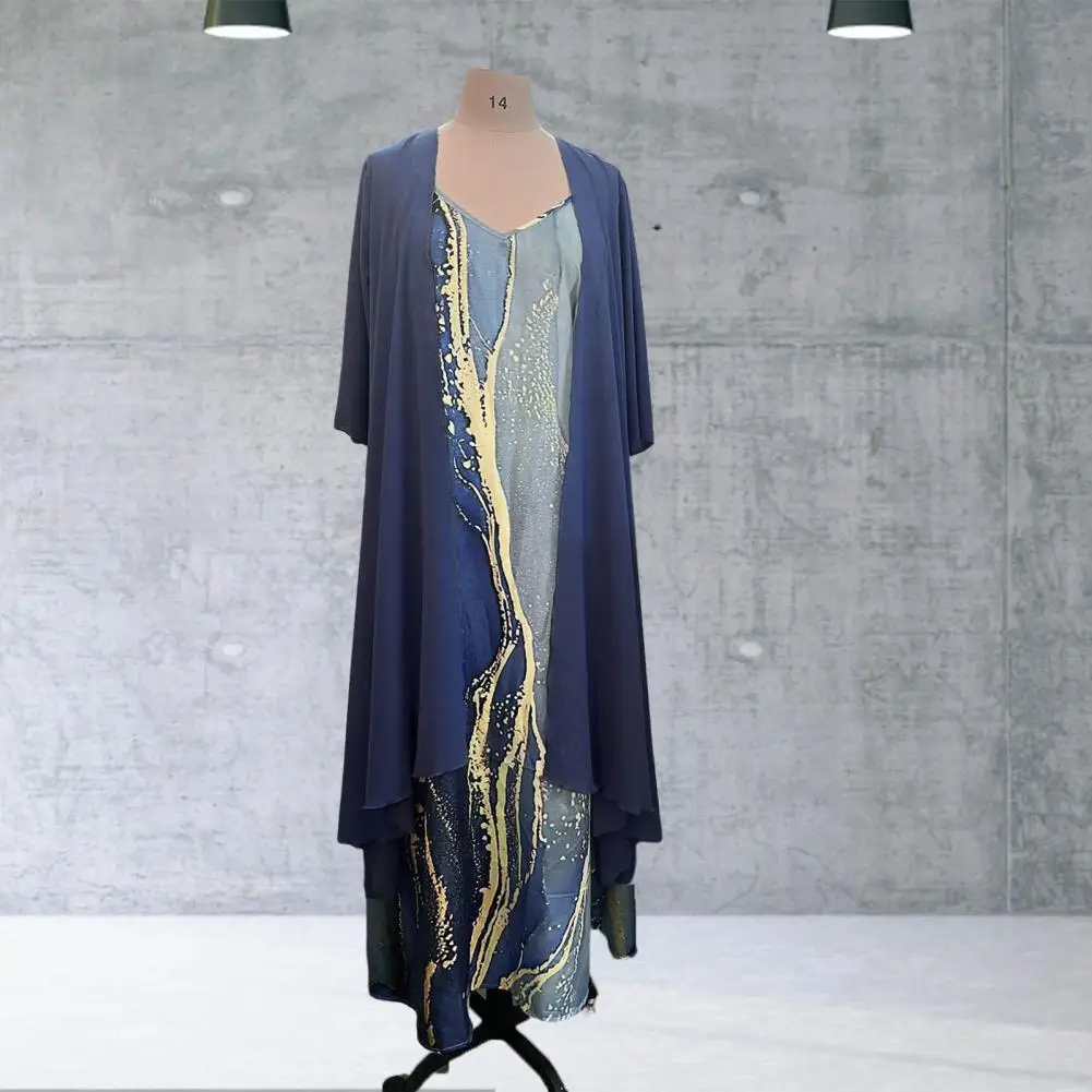 

2Pcs/Set Dress Set V Neck Sling Design Summer Marble Print Dress Cardigan Set Half Sleeve Cardigan Dress