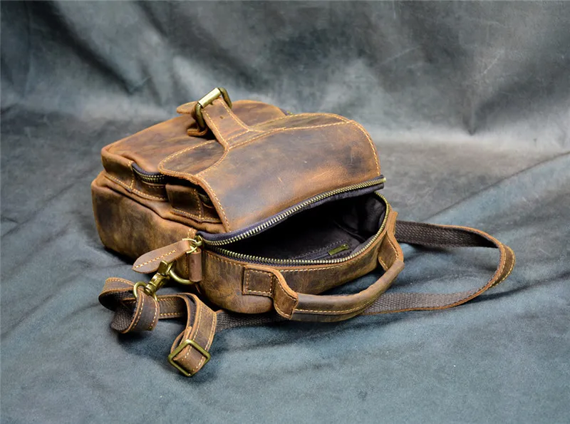 Vintage outdoor daily crazy horse cowhide men small handbag weekend casual natural genuine leather shoulder messenger bag