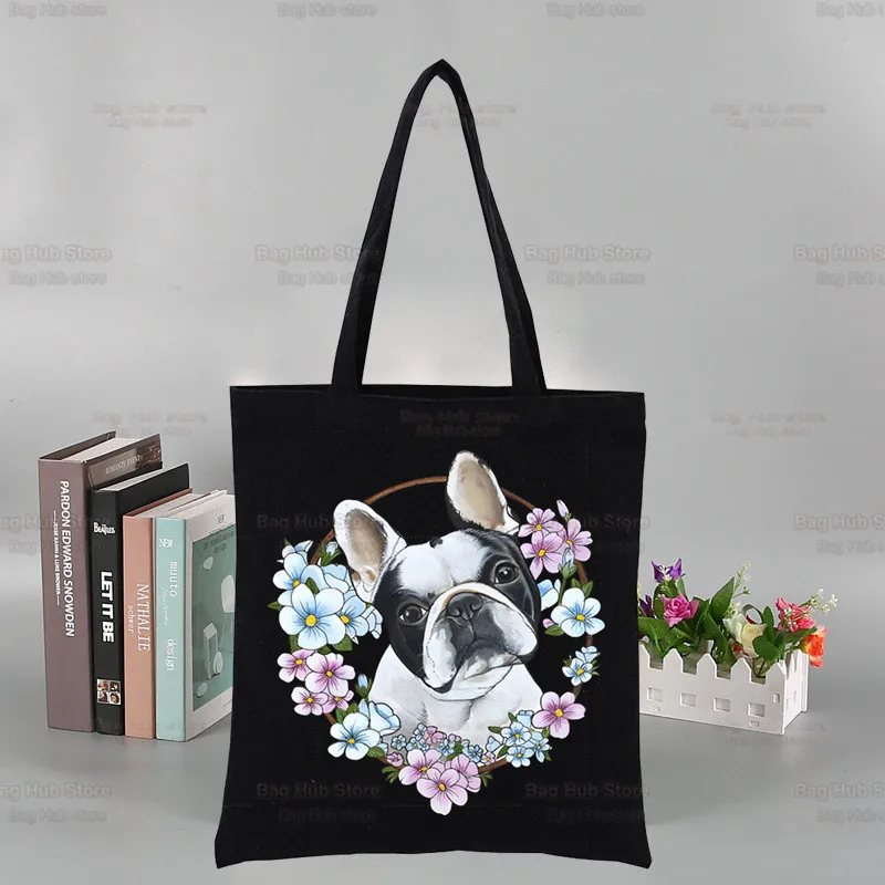 

French Bulldog Graphic Harajuku Fashion Shopping Kawaii Dog Lover Black Bags Canvas Tote Bag Cloth Bag Handbag Shoulder Bags