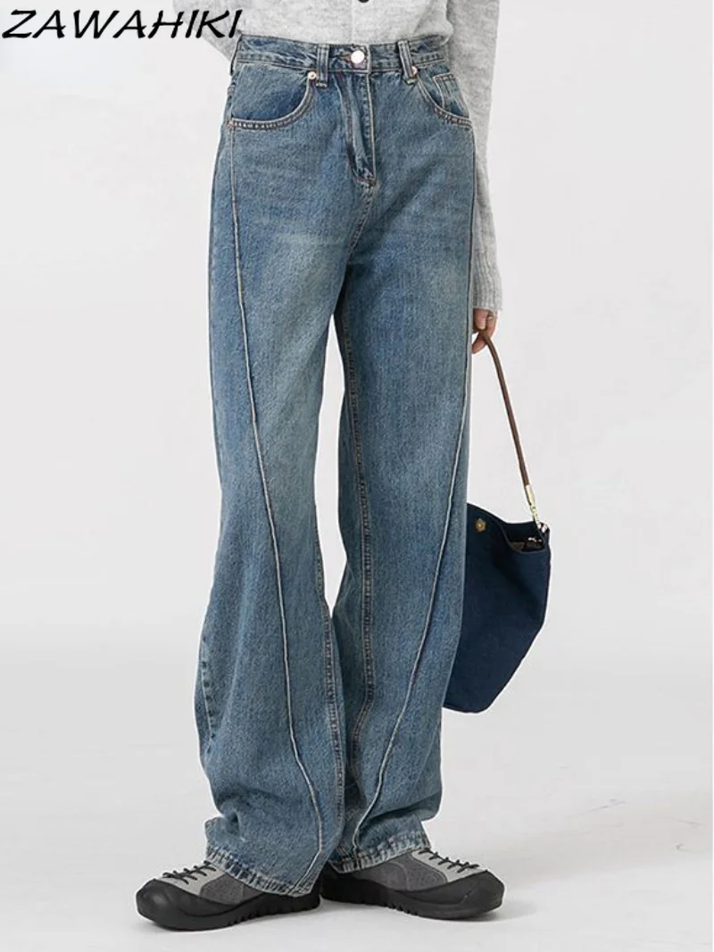 Джинсы плиссированные с завышенной талией, модные синие прямые джинсы в стиле хип-хоп, одежда в Корейском стиле, брюки в стиле панк, Готическая уличная одежда, Y2K, осень