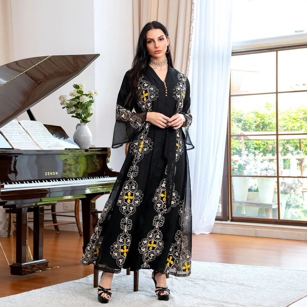 

2022 New Elegant Women's Fashion Dresses Turkish Muslim Abaya Black Ramadan Jalabiyat Embroidery Khimar Kaftan Long Robe Arabic