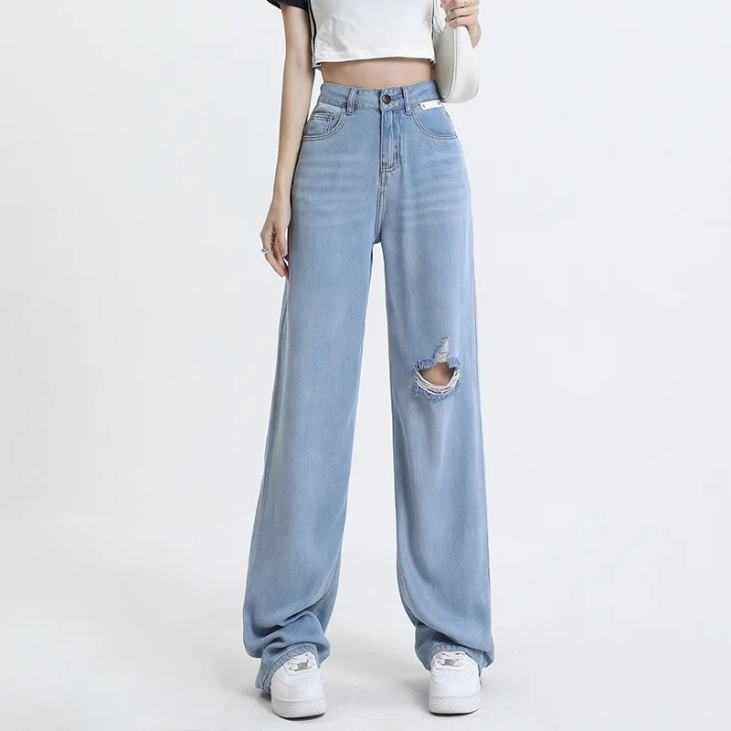 

Summer Blue Black Ripped Jeans Trousers High Waist Jeans Baggy Denim Pants Woman Y2K New Boyfriend Mom Wide Leg Jeans With Holes