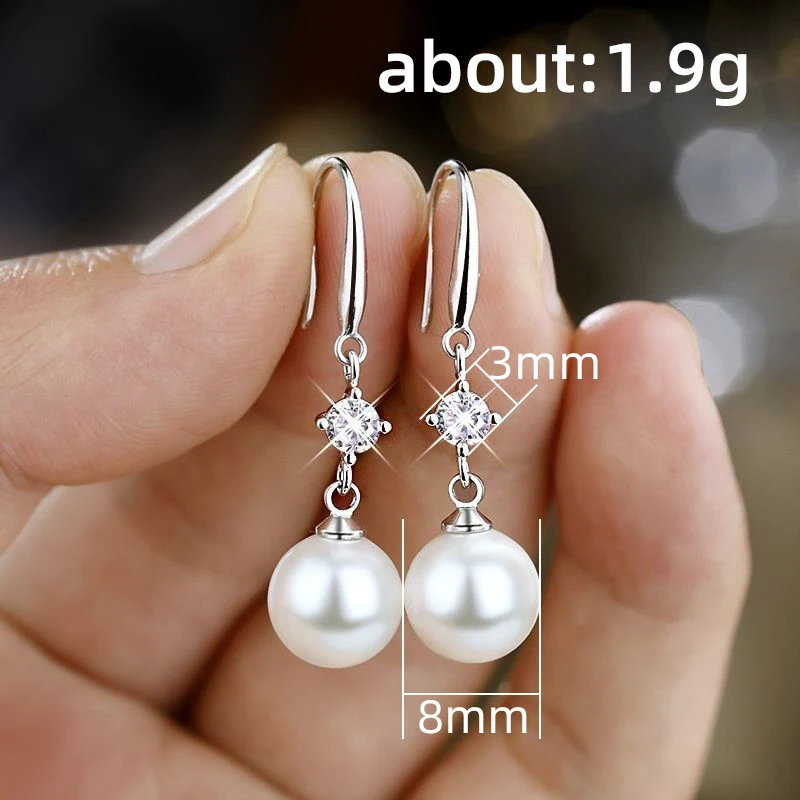Huitan Simple Stylish Round Imitation Peal Dangle Earrings for Women Silver Color Paved White CZ Fashion Versatile Girls Jewelry images - 6
