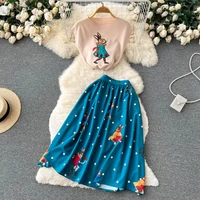cartoon top skirt two piece set women tank sleeve knit blouse shirt printed a ball gown long skirt suit office ladies outfits