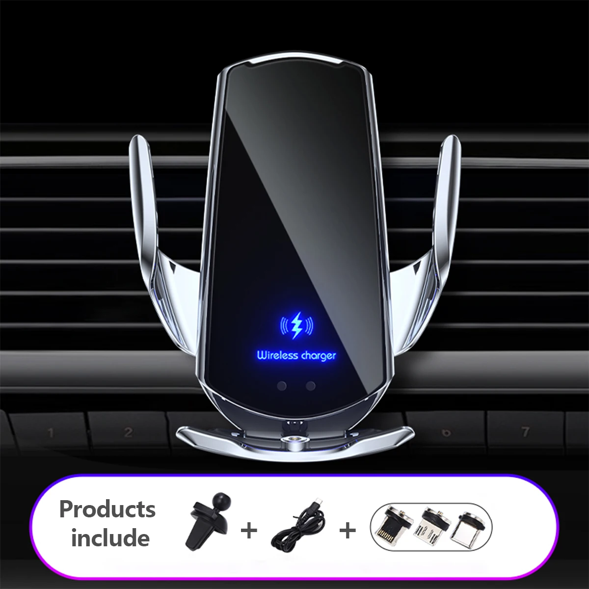 

Wireless Car Charger 360° Rotation Car Air Vent Phone Holder Auto-Clamping Car Phone Mount with 3 Suction Charging Heads Stable