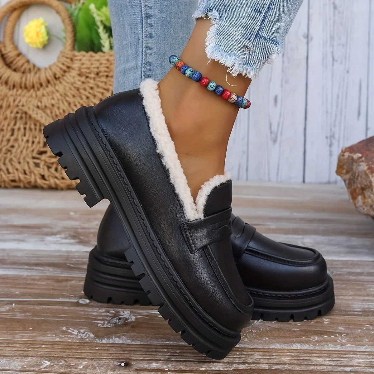 Женские однотонные пушистые лоферы удобная теплая обувь на мягкой подошве и