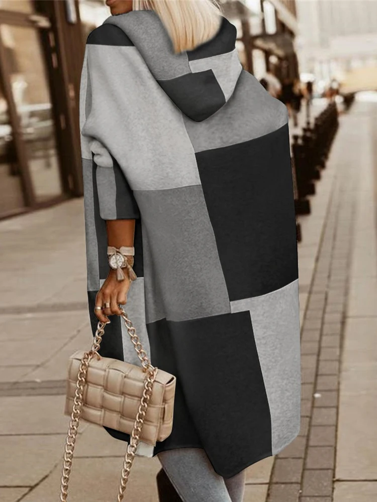 

All-match Cardigan Women Korean Fashion Winter Geometric Print Long Sleeve Hooded Coat Casual Elegant Knitted Oversize Jacket