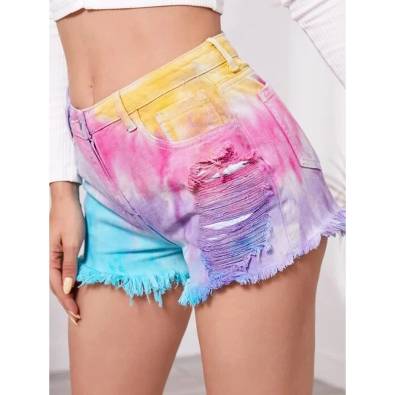 Summer tie dyed tassel leg hole loose women's Denim Shorts jeans hole sexy casual mix color short jeans