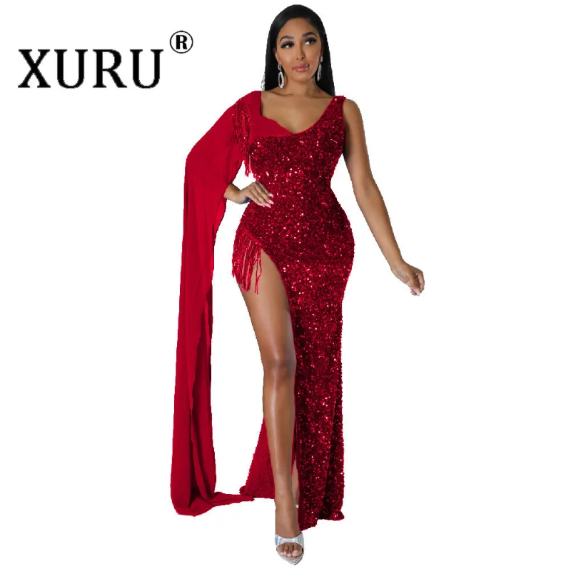 

XURU-sexy Sequin V-neck Shawl Tassel Dress, Spring Hot New Buttock Nightclub Dress 92A9304