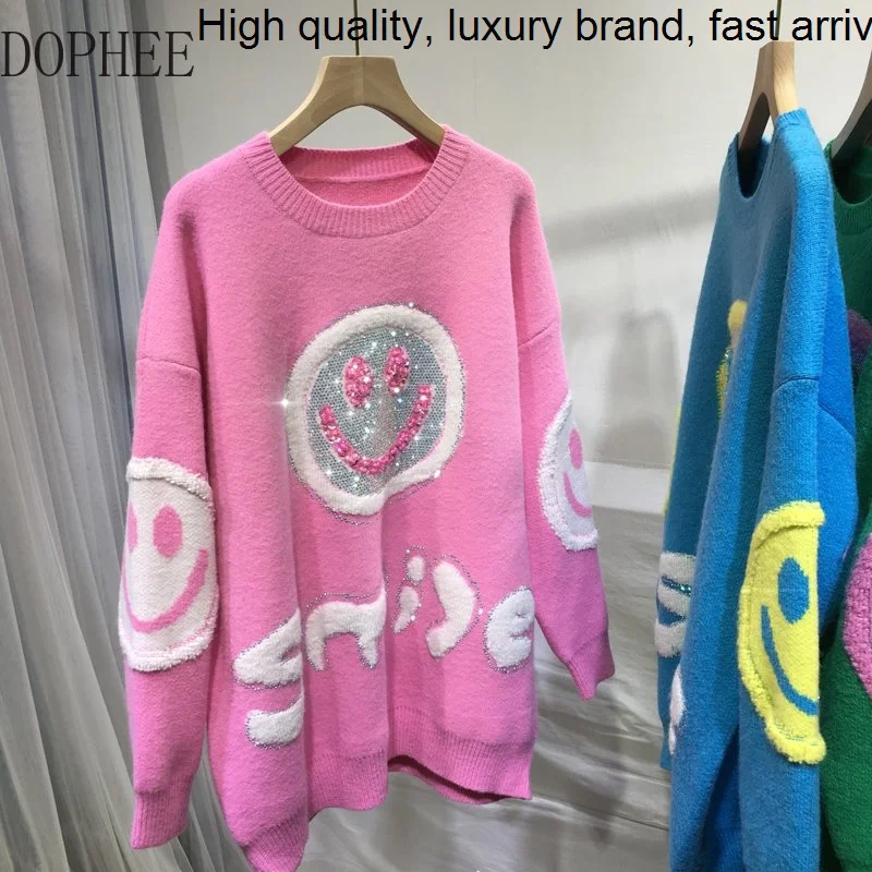 

Зимний плотный осенний женский свитер с мультяшным бисером, милый Свободный Вязаный топ с ленивым ветром и О-образным вырезом, Розовый пуловер для снижения возраста, джемпер