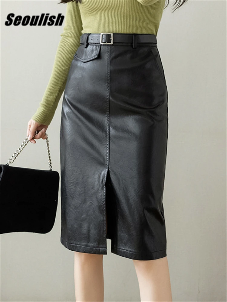 

Seoulish Black PU Leather Skirts with Belted Autumn Winter Front Split Pencil Midi Skirts High Waist Sheath Wrap Skirts 2023 New