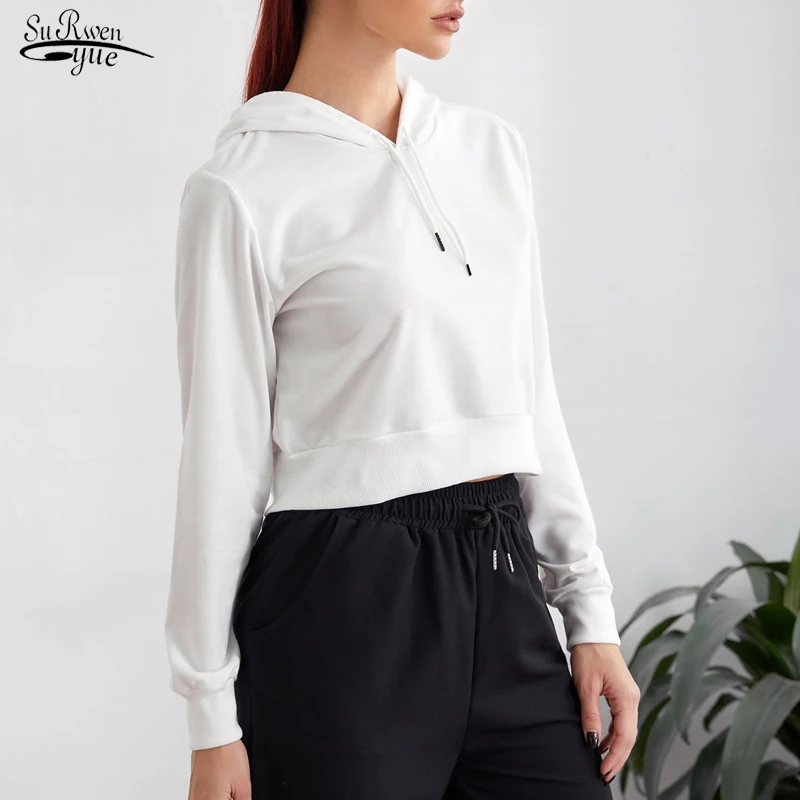 

Long Sleeve Hooded Casual Running Solid Color Sweatershirt New European and American Short Sports Jacket Coat White Tops 18803