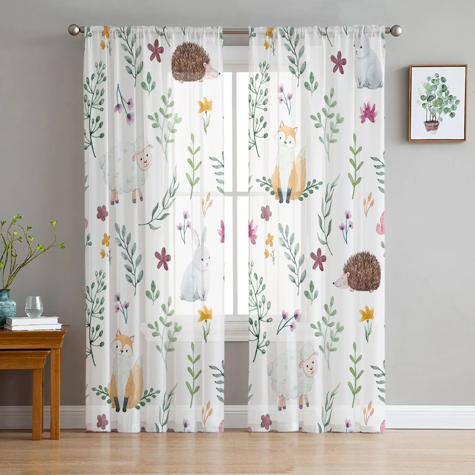 Cartoon Animal Hedgehog Fox Rabbit Green Leaf Tulle Sheer Window Curtains for Living Room Bedroom Voile Organza Drapes