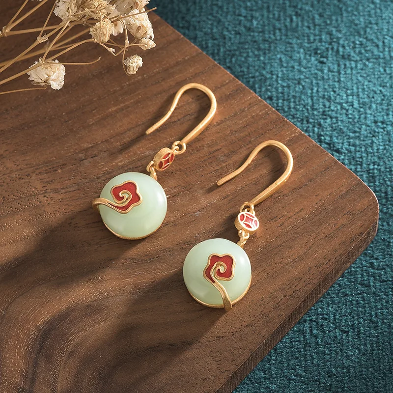 

China Style Cheongsam Earrings Cold Enamel Auspicious Cloud Peace Buckle Hetian Jade Retro Earrings For Women Ear Jewelry Gift