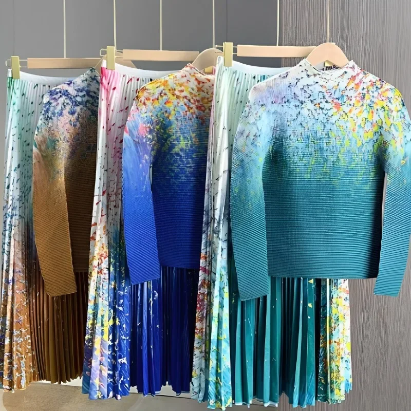 Miyake сложенный модный топ с длинными рукавами и принтом свободная плиссированная