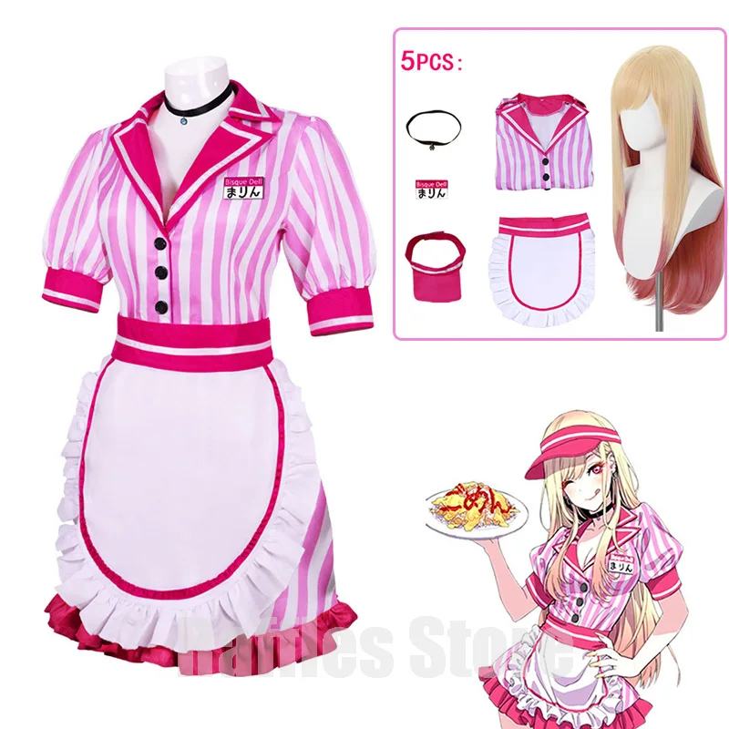 

My Dress-Up Darling Kitagawa Marin Cosplay Maid Outfit Cosplayer Waiter Uniform Skirts and Hat Anime Costumes Pink Stripes Suit