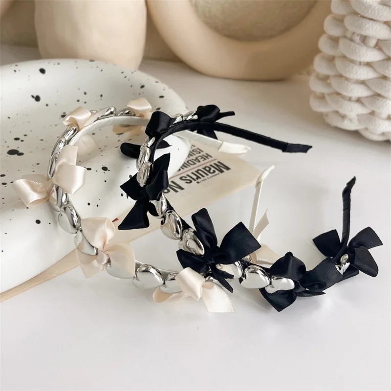 

Korean Three-dimensional Metal Heart Headband with Bowknot Hair Hoop Girl's Bezel Sweet Hair Accessories Women Hairband