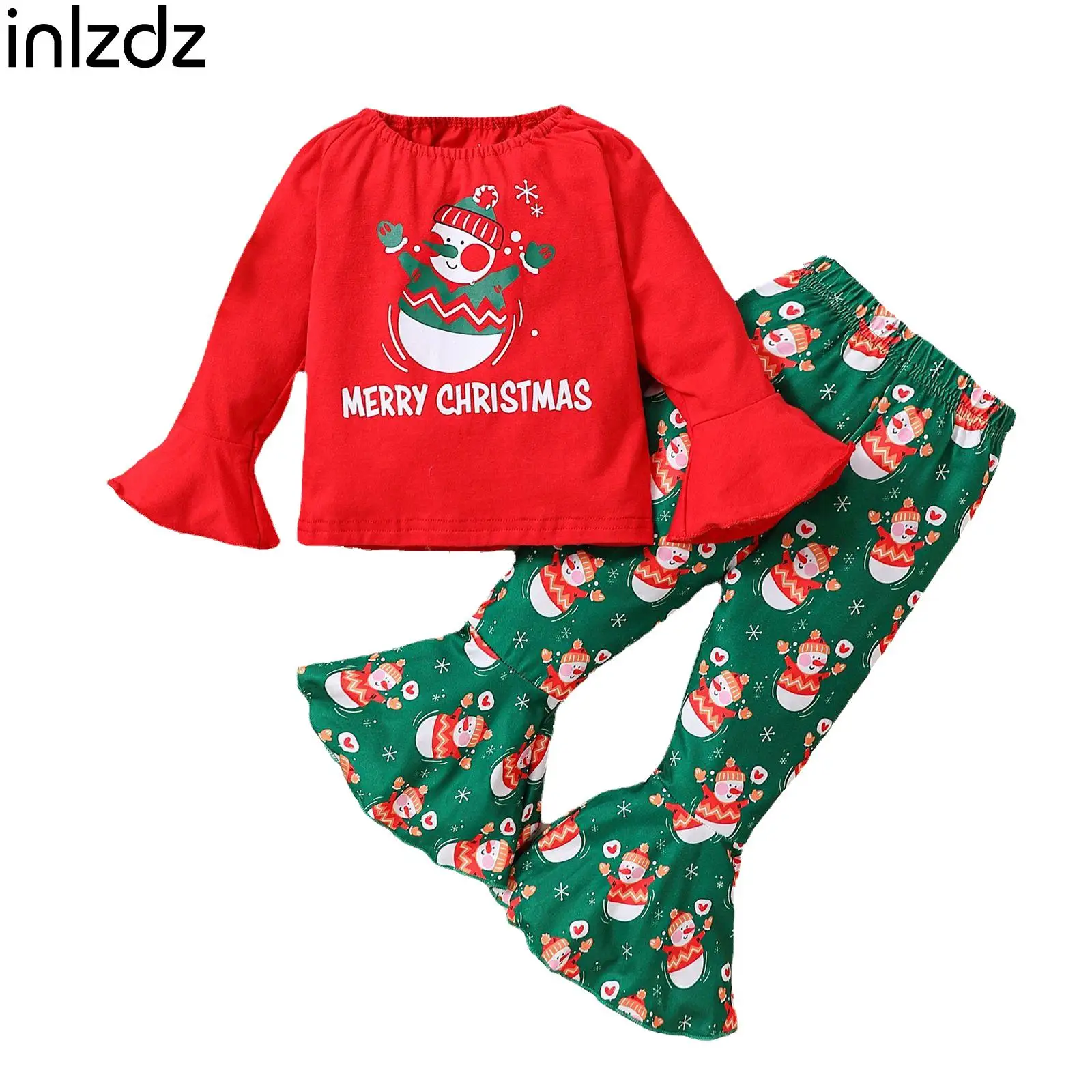 

inIzdz Toddler Girls 90-130 Snowman Print Long Sleeve Red Tops and Green Flared Pants 2Pcs Christmas Suits Theme Party Dress Up