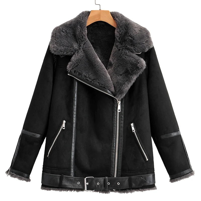 

Ailegogo Autumn Winter Women Streetwear Turndown Collar Faux Leather Jacket with Belt Moto Biker Fur Coat Suede Leather Outwear