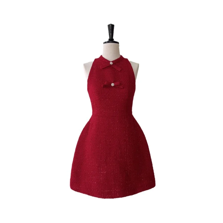2025 Spring and Autumn Red New Year Women clothes Light Luxury Graceful Tweed Socialite Small Hanging Neck Formal Dress