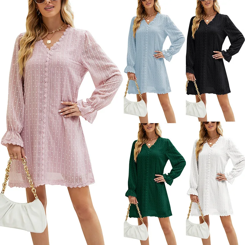 

2022 Fall/Winter Women's Clothing Lace Paneled Long-sleeved Mid-length Loose Dress