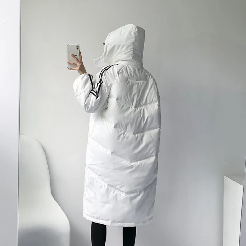 Women Winter Korean Retro Fashion Casual Hooded Over-the-knee Thick Western-style Jackets Mid-length Down Padded Overcoats Coats