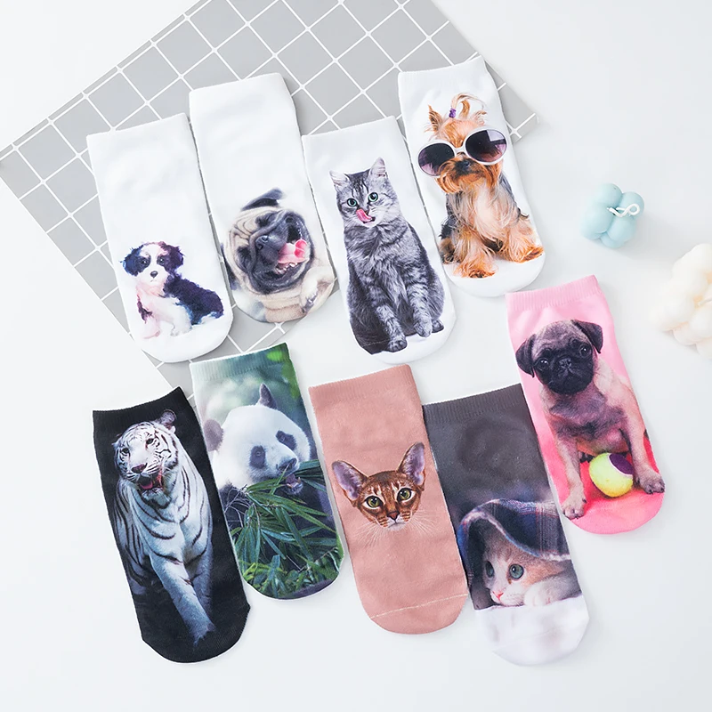 

1/2 пары, 3D принт, Забавный Милый мультяшный котенок, унисекс, короткие носки для женщин, креативные, цветные, несколько животных, счастливые н...
