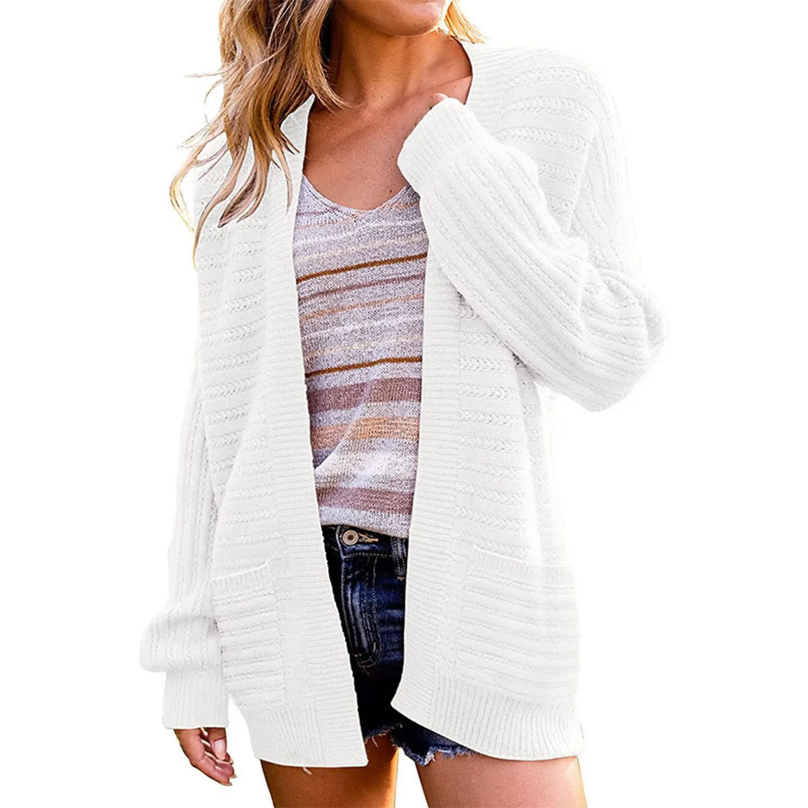 

Fashionable Women's Open Front Cardigan Sweater Long Sleeves Knitted Sweater With Pockets Loose Outerwear Casual Knitwear Female