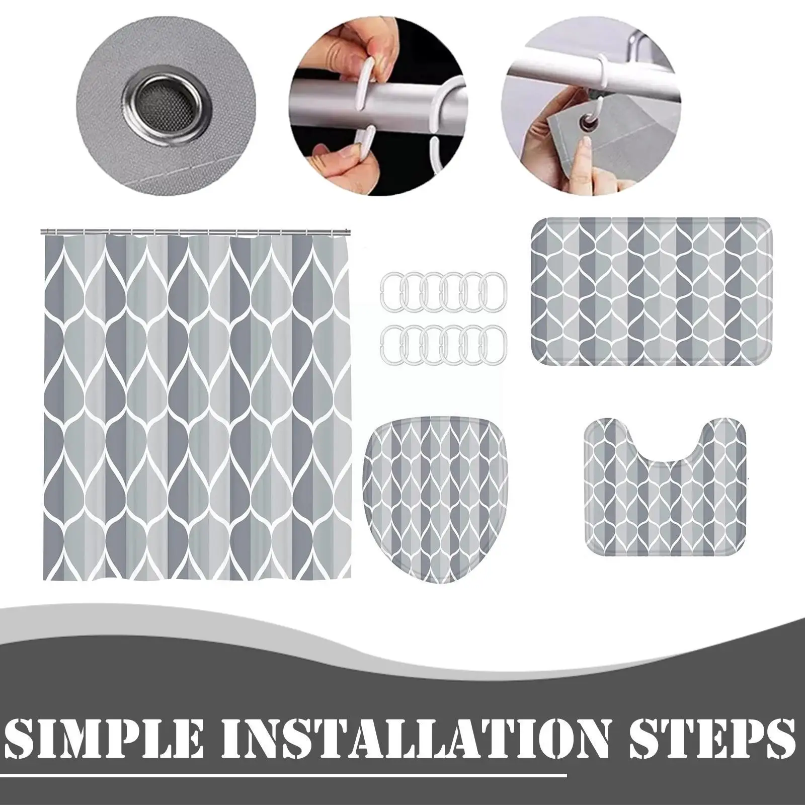 

Занавеска для душа, коврик для унитаза, занавеска для душа из четырех частей для ванной комнаты, защита от плесени, водонепроницаемая U-образ...