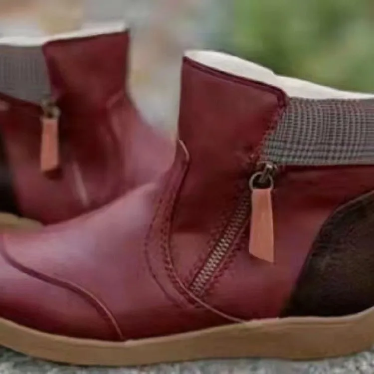 Women's Boots Plus Size 43 Ladies Autumn Winter Vintage Splicing Round Toe Plus Velvet Zip Up Short Ankle Boots Warm Shoes Mujer