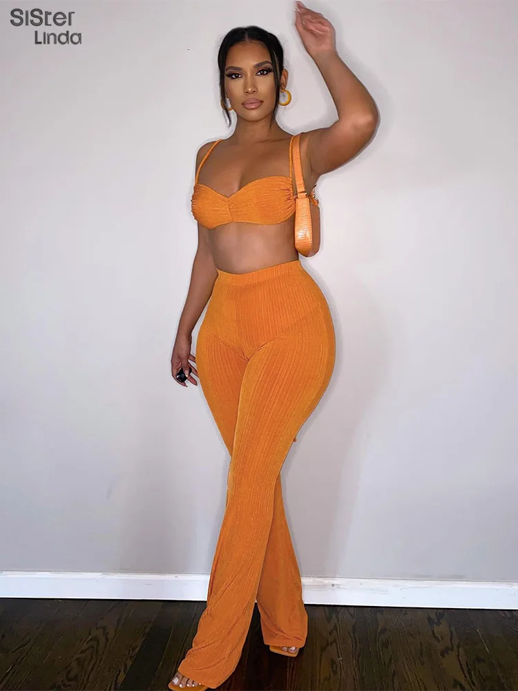 

Женский костюм из двух предметов Sisterlinda, повседневный пикантный бандажный топ с рюшами и открытой спиной и расклешенные брюки со средней та...