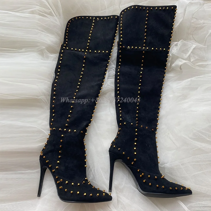 

2022 Autumn Pointed Toe Sheep Suede Stiletto Leather Rivet Women's Boots 10CM Super High Heel Sexy Over the Knee Boots