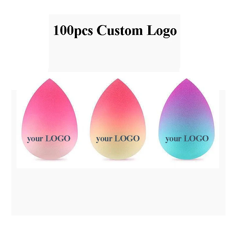 

Print LOGO 100pcs Makeup Sponge Gradient Color Water Drop Foundation Concealer DIY Powder Cosmetic Puff Make Up Blender Label
