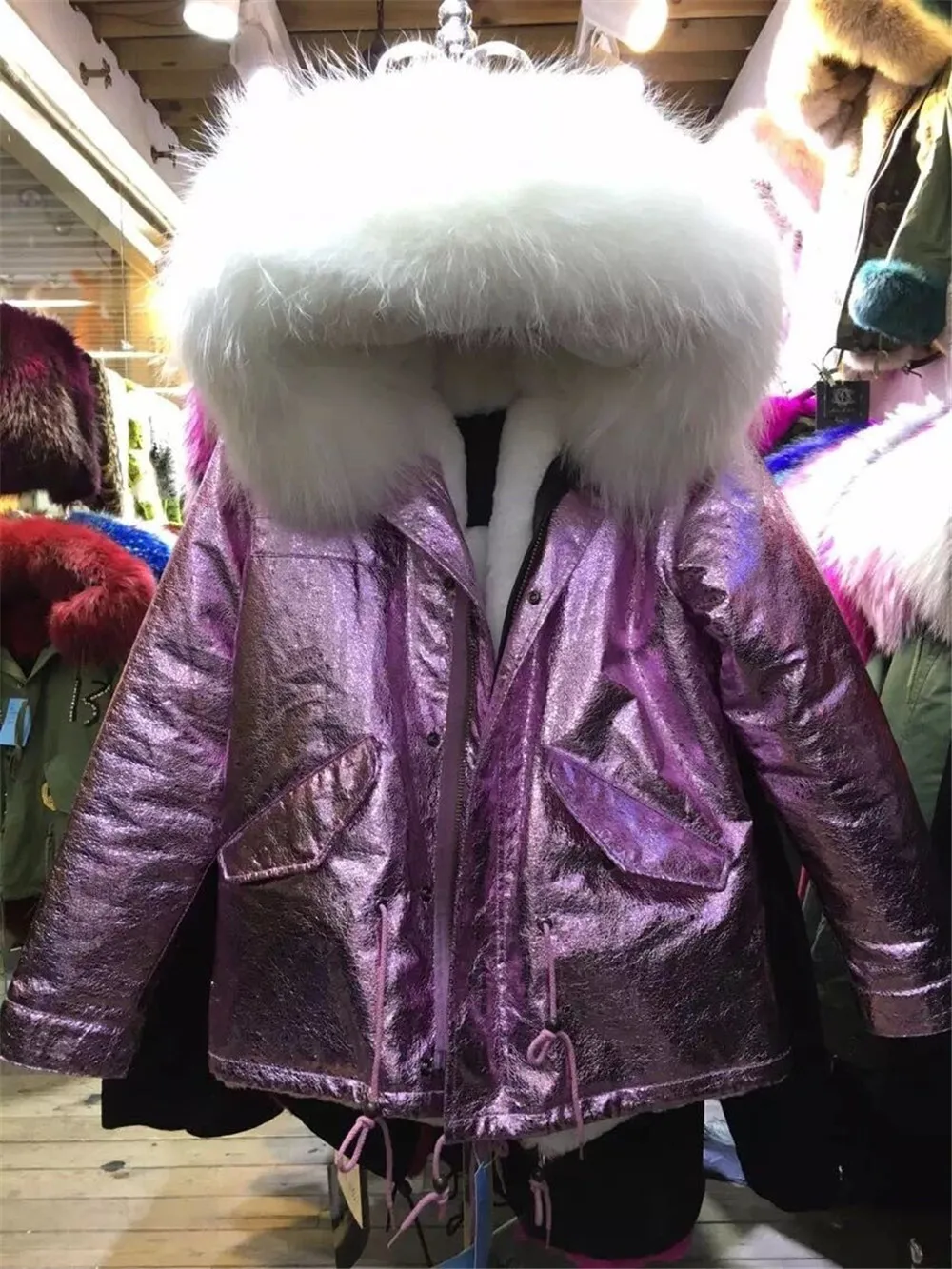 Высококачественная фиолетовая Кожаная парка женская зимняя белая одежда из