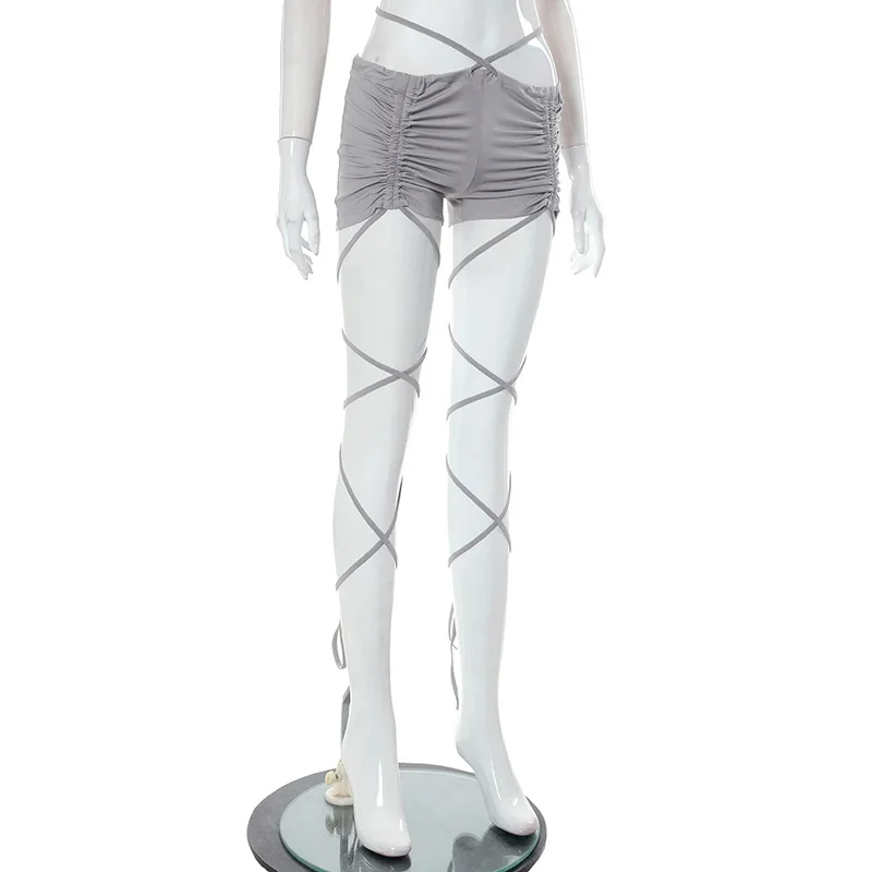 Goth Dark Cyber Gothic Bandage Sexy Women Shorts Y2k Punk Drawstring Ruched Low Waist Bottoms Streetwear Skinny Festival Outfits