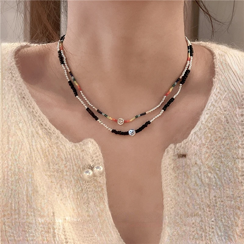 

New Beaded Necklace Retro Smile Face Pearl Multi-layer Short Clavicle Chain Women Jewelry Gift DIY Findings Accessories