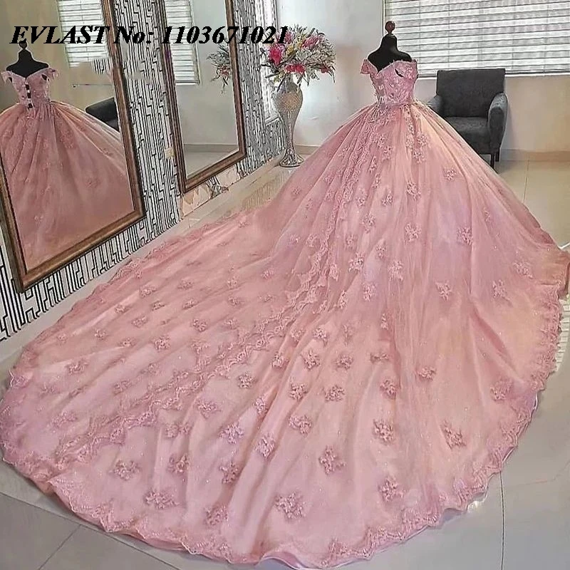EVLAST Блестящее розовое платье Quinceanera бальное с кружевной аппликацией и бисером