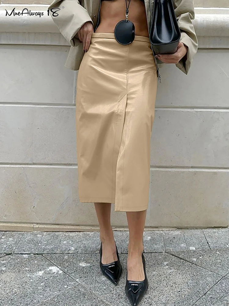 Mnealways18 хаки полиуретановая юбка с разрезом женские прямые теплые Универсальные